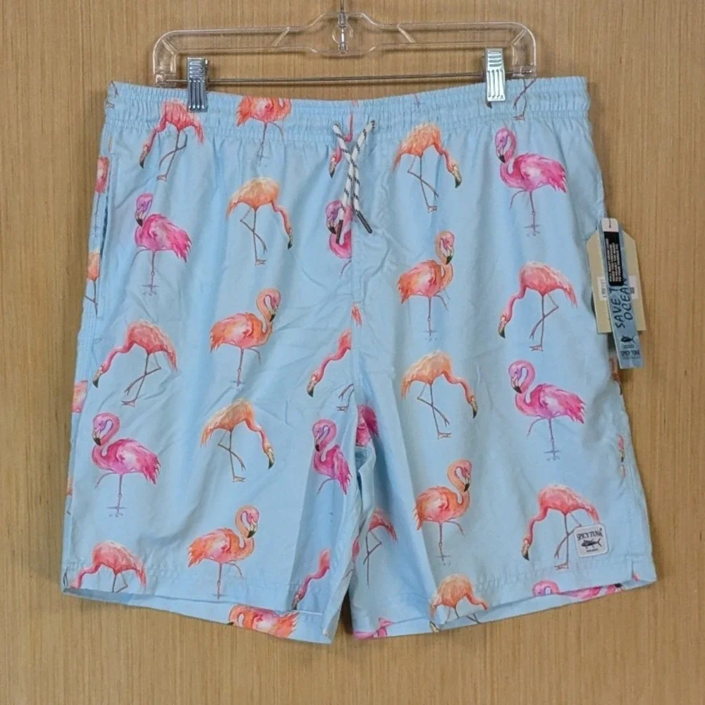 Spicy Tuna Mens XL Swim Trunks Flamingo Light‎ Blue Drawstring Lined Beach New